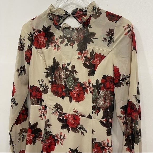 Soieblu Long Sleeve Smock Open Back Floral Dress Lace Trim Cream Ruffle Neck M - Picture 3 of 7